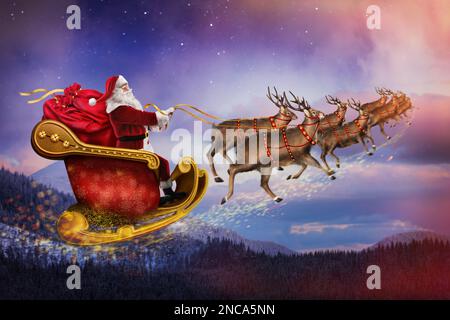 Magia vigilia di Natale. Babbo Natale con renne che volano in cielo Foto Stock