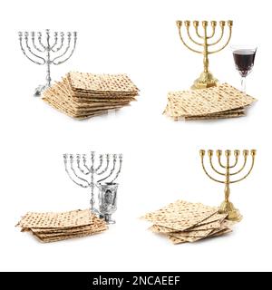 Set con Passover matzos, vino e menorah su sfondo bianco. Festa di Pesach Foto Stock