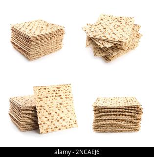 Impostato con Passtover matzos su sfondo bianco. Festa di Pesach Foto Stock