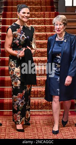 SYDNEY 20230214 Kronprinsessan Victoria och nuovo Galles del Sud delstatsguvernör Margaret Beazley Vid mottagging, till kronprinsesparets ära, på Government House i Sydney. Foto: Jonas Ekströmer / TT / kod 10030 Foto Stock