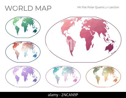 Mappa mondo Poly bassa impostata. McBryde-Thomas proiezione a area uguale, pseudocilindrica a polo piatto e quartica. Collezione di mappe del mondo in stile geometrico. Ve Illustrazione Vettoriale