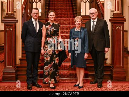 Sydney, Australia, 14 febbraio 2023. La Principessa Crown Victoria di Svezia e il Principe Daniel partecipano ad un ricevimento presso la Government House di Sydney, Australia, con Margaret Beazley, Governatore del nuovo Galles del Sud, e suo marito Dennis Wilson, il 14 febbraio 2023. La coppia della Principessa della Corona svedese è in visita ufficiale in Australia. Foto: Jonas Ekstromer / TT / codice 10030 Foto Stock