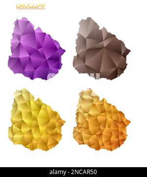 Insieme di mappe poligonali vettoriali dell'Uruguay. Mappa del paese con gradiente luminoso in basso stile polietilene. Illustrazione Vettoriale