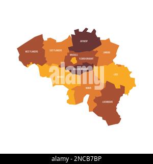 Belgio carta politica delle divisioni amministrative - province. Mappa vettoriale piatta con etichette dei nomi. Schema colore marrone - arancione. Illustrazione Vettoriale