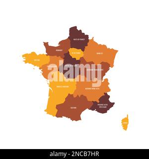 Francia carta politica delle divisioni amministrative - regioni. Mappa vettoriale piatta con etichette dei nomi. Schema colore marrone - arancione. Illustrazione Vettoriale