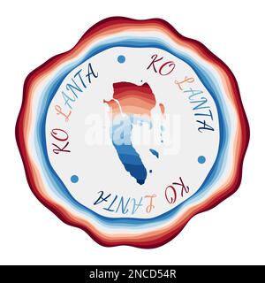 Badge Ko Lanta. Mappa dell'isola con belle onde geometriche e vivace cornice blu rosso. Vivace logo Ko Lanta rotondo. Illustrazione vettoriale. Illustrazione Vettoriale