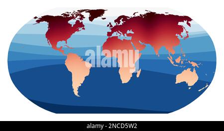 Vettore mappa mondiale. Proiezione Robinson. Mondo in gradiente rosso arancio sulle onde blu profonde dell'oceano. Illustrazione vettoriale trendy. Illustrazione Vettoriale