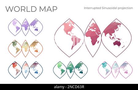 Mappa mondo Poly bassa impostata. Proiezione sinusoidale interrotta. Collezione di mappe del mondo in stile geometrico. Illustrazione vettoriale. Illustrazione Vettoriale