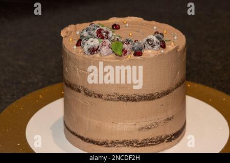 Una torta ghiacciata al cioccolato con bacche di macerazione. Il delizioso dolce è decorato con mirtilli, melograno e zucchero di mirtillo. Foto Stock