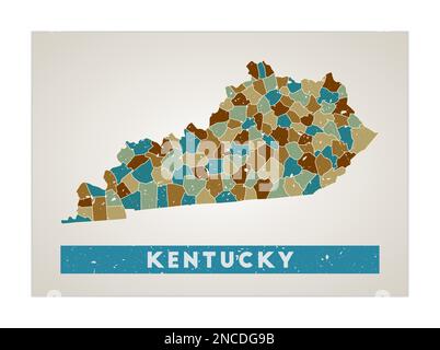 Mappa del Kentucky. Poster dello stato DEGLI STATI UNITI con le regioni. Vecchia trama grunge. Forma del Kentucky con il nome dello stato degli Stati Uniti. Elegante illustrazione vettoriale. Illustrazione Vettoriale