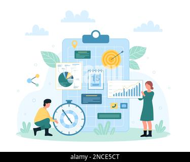 Gestione del tempo con illustrazione del vettore di programmazione digitale. Cartoon persone piccole pianificare e controllare le attività quotidiane con business meeting planner, controllare e organizzare eventi a bordo del calendario con note Illustrazione Vettoriale