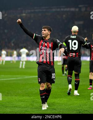 Milano, Italia. 14th Feb, 2023. Brahim Diaz di AC Milan celebra il suo gol durante un round della UEFA Champions League di 16 partita di prima tappa tra AC Milan e Tottenham Hotspur a Milano, 14 febbraio 2023. Credit: Alberto Lingria/Xinhua/Alamy Live News Foto Stock