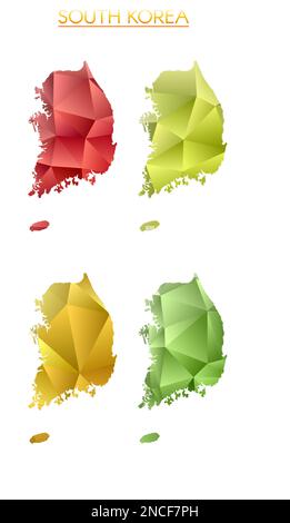 Serie di mappe poligonali vettoriali della Corea del Sud. Mappa del paese con gradiente luminoso in basso stile polietilene. Illustrazione Vettoriale