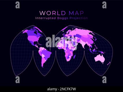 Mappa del mondo. Boggs Interrupted eumorphic Projection Illustrazione del mondo digitale. Colori rosa brillante al neon su sfondo scuro. Illustrazione Vettoriale