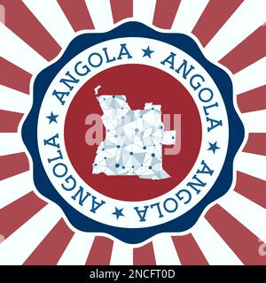 Angola Badge. Logo rotondo di paese con mappa a maglia triangolare e raggi radiali. Vettore EPS10. Illustrazione Vettoriale