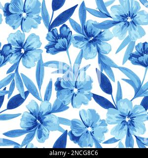 Motivo senza cuciture con fiori e foglie blu in stile acquerello per inviti a nozze, biglietti d'auguri e tessuto Illustrazione Vettoriale