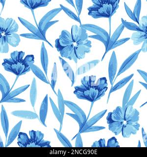 Motivo senza cuciture con fiori e foglie blu in stile acquerello per inviti a nozze, biglietti d'auguri e tessuto Illustrazione Vettoriale