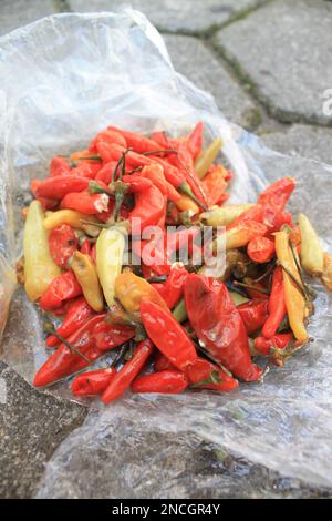 Mazzetto di pepe di cayenna marcio su ritratto di plastica Foto Stock