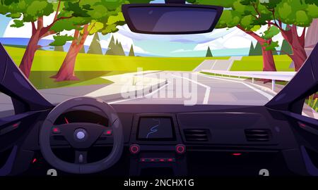 Guida in auto sulla strada vista interna. Abitacolo del veicolo con volante, cruscotto, navigatore gps e parabrezza con vista panoramica della campagna estiva, illustrazione di cartoni animati vettoriali Illustrazione Vettoriale