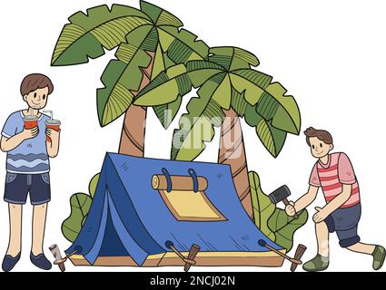 Il gruppo di turisti disegnato a mano sta allestendo una tenda nella foresta illustrazione in stile doodle isolato sullo sfondo Illustrazione Vettoriale