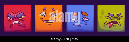 Set di volto di mostro quadrato per avatar giocatore nel gioco. Fumetto emozione espressione su adesivi in vettore. Divertente collezione di clipart di personaggi alieni con umore felice, arrabbiato e sconvolto o triste, occhi e sopracciglia Illustrazione Vettoriale