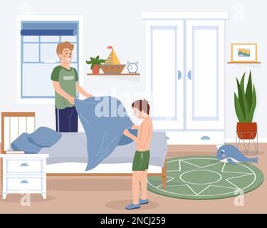 Famiglia mattina piano concetto di routine con padre e figlio facendo letto vettore illustrazione Illustrazione Vettoriale