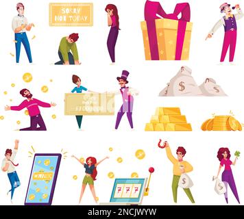 Icone del cartone animato del vincitore della lotteria insieme con la gente che vince il premio del denaro isolato illustrazione del vettore Illustrazione Vettoriale