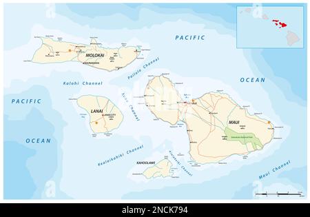 Mappa stradale delle isole hawaiane di Maui, Molokai, Lanai e Kahoolawe Foto Stock