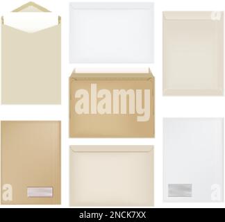 Buste Set realistico di elementi in carta bianca e marrone formato A4 isolato su sfondo bianco illustrazione vettoriale Illustrazione Vettoriale