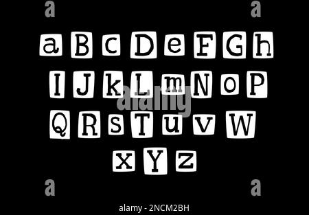 Anonimo Y2K alfabeto bianco e nero. ABC lettere ritagliate da rivista criminale stile retrò. Illustrazione Vettoriale