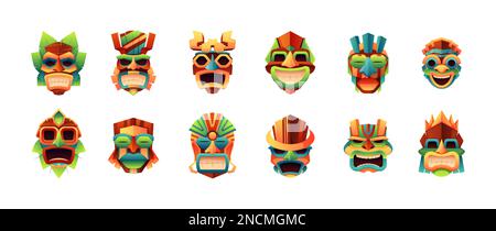 Maschere Tiki. Tradizionali totem tribali aborigeni maya aztec, idoli cerimoniali indiani messicani di zulu polinesiani, mascheramento etnico del volto dei cartoni animati. Set piatto vettoriale. Facce verniciate con diverse grimaces Illustrazione Vettoriale