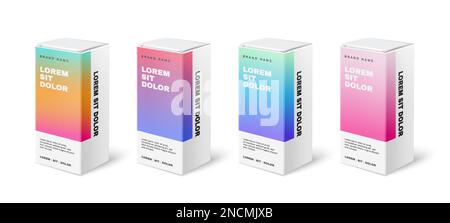 Set di design realistico con quattro immagini isolate di confezioni verticali con gradiente e testo vettoriale Illustrazione Vettoriale