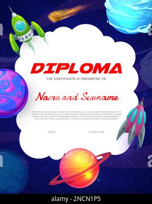 Diploma di astronauta per bambini. Paesaggio galassico cartoon, astronave, cometa e pianeti. Diploma di laurea per i bambini della scuola elementare, premio per vettori di apprezzamento per i bambini o certificato con razzi in galassia Illustrazione Vettoriale