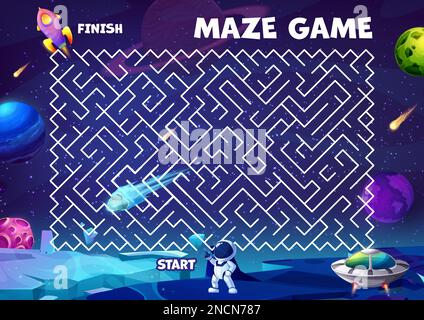 Labirinto di labirinti spaziali. Aiuta l'astronauta a trovare un razzo. Foglio di lavoro vettoriale per bambini con il metodo di ricerca cosmonauta per l'astronave in galassia. Gioco da tavolo con percorso, inizio e fine sul paesaggio cosmico enigma, test Illustrazione Vettoriale