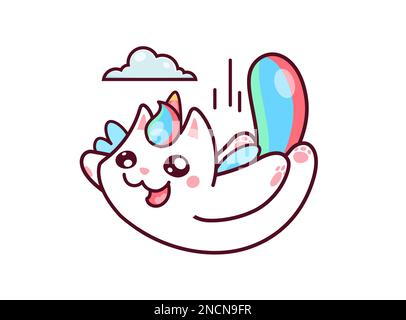 Cartoon carino kawaii volante casticorno personaggio. Vettore bianco unicorno gatto caduta dal cielo con nuvola soffice. Personaggio magico con coda arcobaleno colorata, corno e ali. Gattino da fiaba divertente Illustrazione Vettoriale