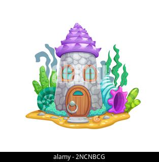 Cartone animato torre di pietra casa fata. Vector fantasy dimora di sirena, costruzione di architettura subacquea, elemento decorativo dell'acquario con finestre, porta in legno, conchiglie e alghe Illustrazione Vettoriale