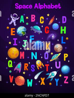 Alfabeto spazio cartoon. Vettore childish carattere colorato, tipo maiuscolo con futuristico ufo piattino, astronauta e navette o razzi in galassia con stelle e nebulosa. Carino carattere, lettere abc galattiche Illustrazione Vettoriale