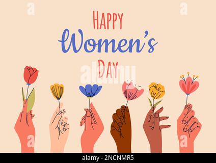 8 marzo, Giornata internazionale della donna. Mani che tengono mazzi di fiori fioriti. Biglietti d'auguri o modelli di cartoline per biglietti d'auguri, poster, volantino. Potenza ragazza Illustrazione Vettoriale