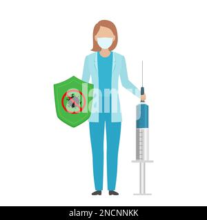 Il medico tiene lo scudo e la siringa con il vaccino contro il coronavirus. Stile cartone animato. Illustrazione vettoriale. Illustrazione Vettoriale