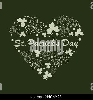 carta verde per il cuore giorno di san patrizio fatto di foglie di trifoglio con iscrizione felice san patrizio al centro Illustrazione Vettoriale