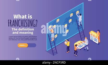 Banner orizzontale franchising con simboli commerciali e finanziari illustrazione vettoriale isometrica Illustrazione Vettoriale