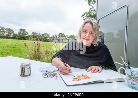 La rinomata artista commerciale Jo Scott abbandona il suo studio per migliorare l'equilibrio della vita lavorativa. Lavorare ovunque nel suo stato dell'arte, motorhome connesso Foto Stock