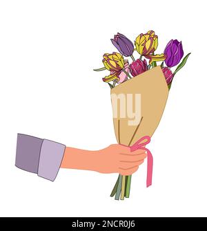 Mano che tiene bouquet di tulipani vettore illustrazione Illustrazione Vettoriale