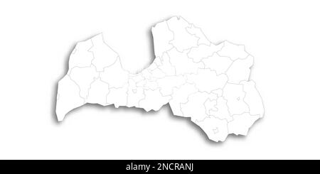 Lettonia carta politica delle divisioni amministrative - comuni e città. Mappa bianca piatta con contorni neri sottili e ombre sfumate. Illustrazione Vettoriale