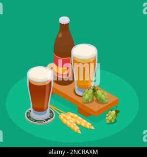 Composizione isometrica birreria con bottiglia e bicchieri di birra luppolo orecchio di orzo su sfondo verde 3D illustrazione vettoriale Illustrazione Vettoriale