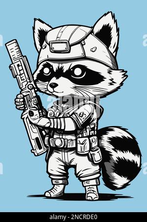 Mascotte Raccoon con casco militare e fucile Illustrazione Vettoriale