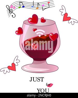 Just for you.Wineglass.Vector illustrazione di una spartiti con note, cuori rossi, rosa Illustrazione Vettoriale