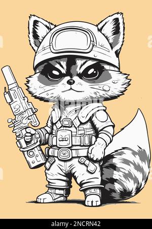 Mascotte vettoriale di carattere selvaggio armato soldato di procione Illustrazione Vettoriale