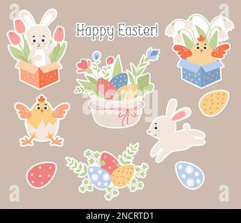 Adesivi della collezione Primavera di Pasqua. Simpatici animali pasquali, coniglietto, pulcino, cestino con uova e fiori. Illustrazione vettoriale. Elementi isolati in appartamento ca Illustrazione Vettoriale