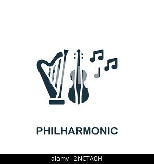 Icona filarmonica. Semplice cartello monocromatico della collezione di intrattenimento. Icona filarmonica per logo, modelli, web design e infografica. Illustrazione Vettoriale